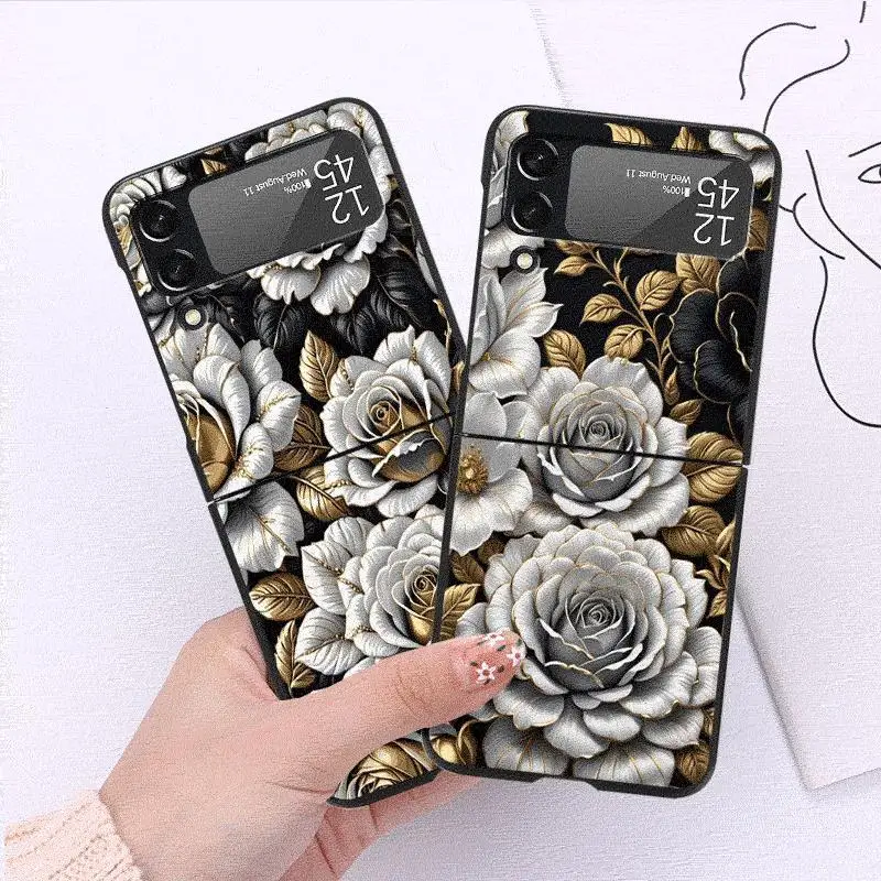 Flower Gold Case for Samsung Galaxy Z Flip 4 3 5 5G Flip Shockproof Capa 6.7 Inches Black Hard PC ZFlip 4 Phone Cover