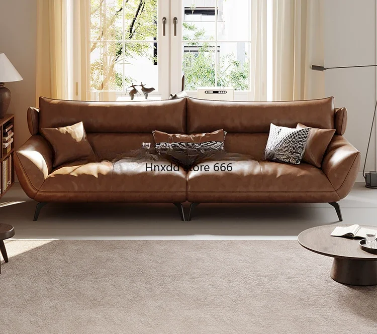 Italian minimalist leather sofa, living room three or four high-footed straight-row sofa