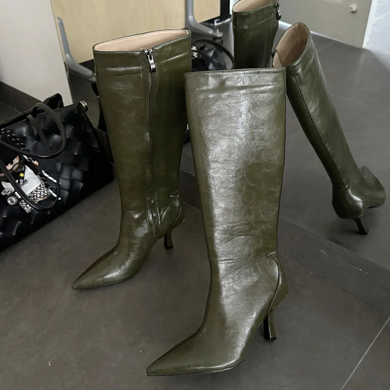 Aneikeh Autumn Winter Women Olive Green Shiny Knee High Boots Pointed Stiletto Heel Side Zip Casual Office Party Tall Boots