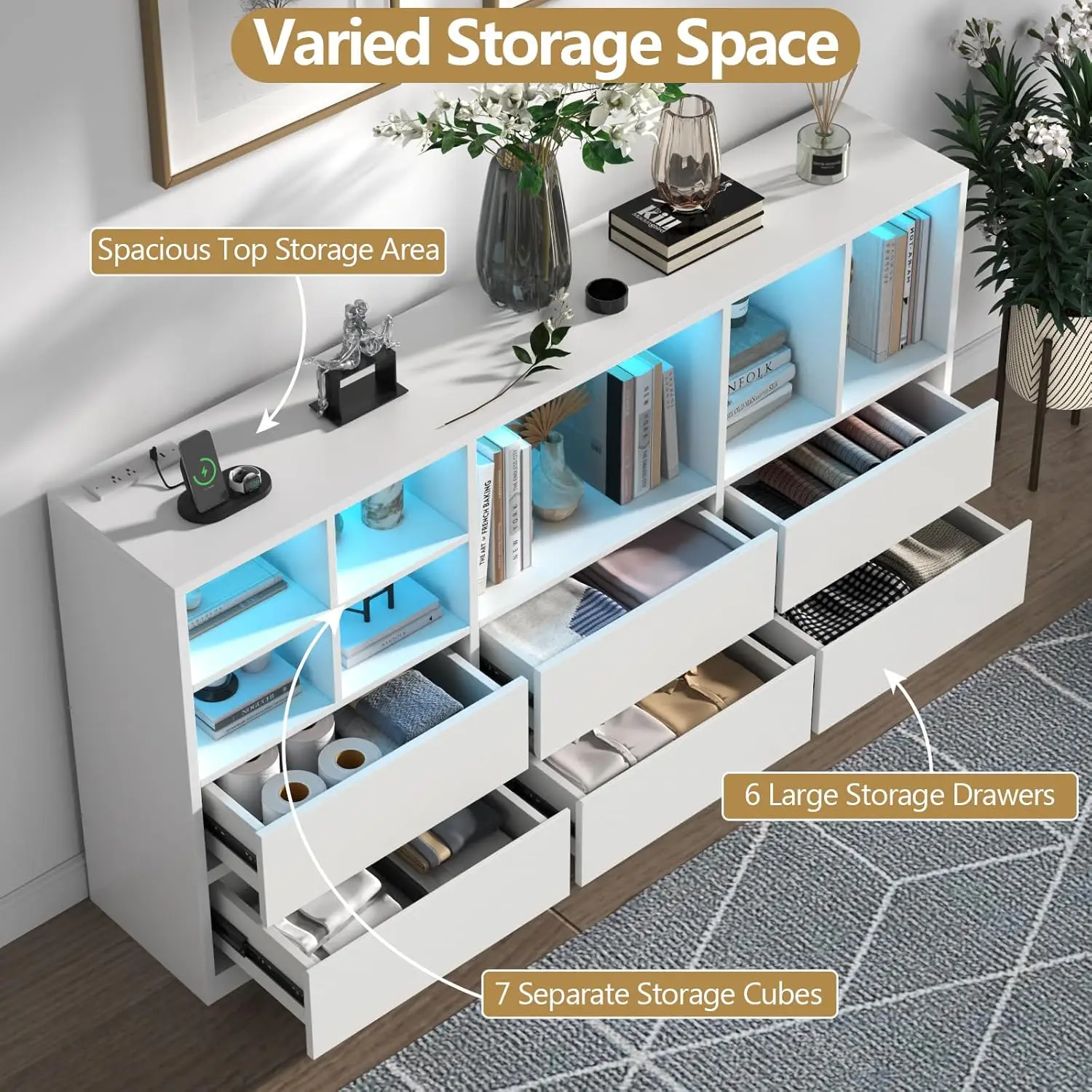 Cómoda de 6 cajones con 7 cubículos de almacenamiento, cómoda LED con toma de corriente, organizador de cómoda larga y triple de 63" para cama