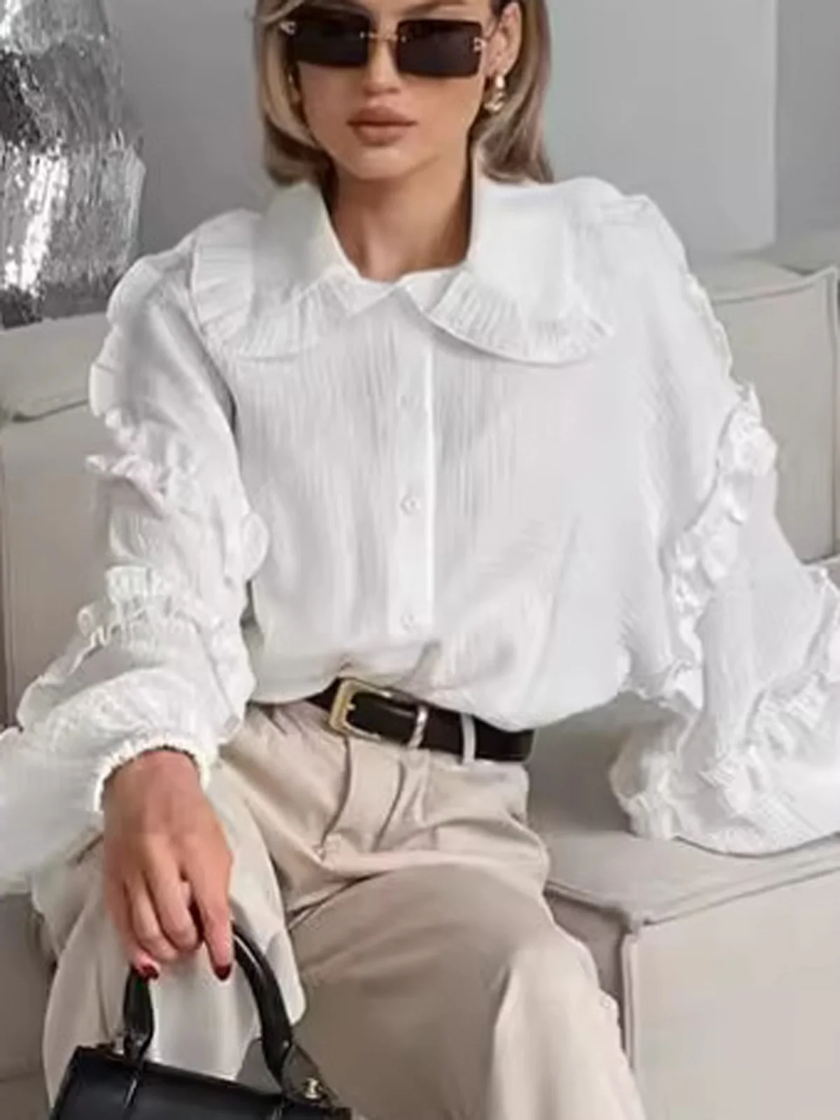 

White French Vintage Ruffle Blouse For Women 2026 Fall Winter Cotton Lantern Sleeve Loose Elegant Office Casual Shirt