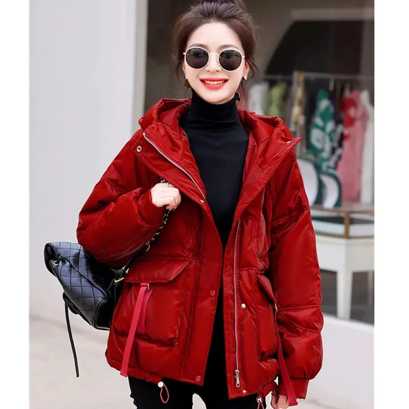 Glossy Down Cotton Jacket Women 2024 Winter New Thicken Padded Parkas Coat Women Warm Hooded Jackets Fashion Loose Short Outwear