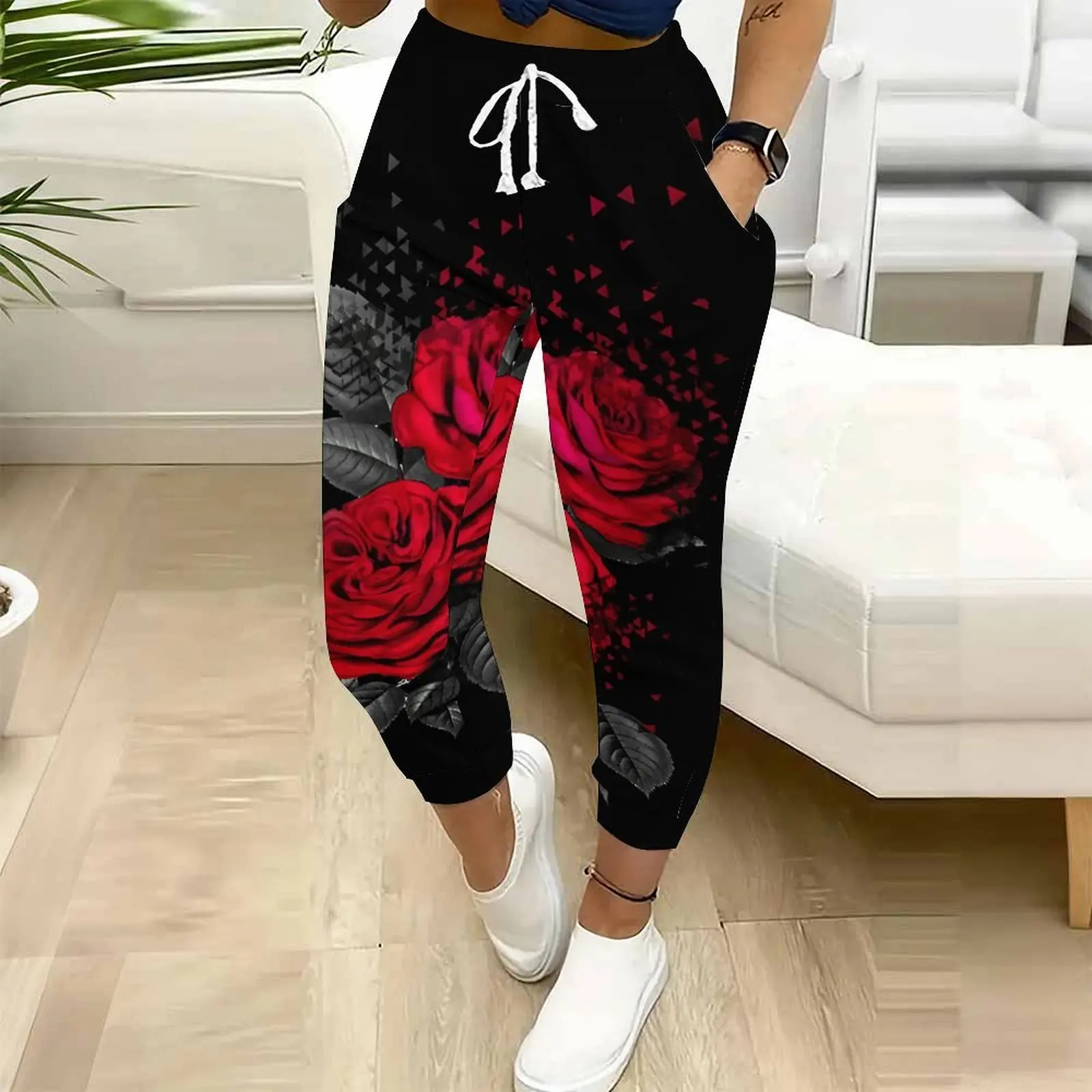 Autumn Winter Women's Printed Ninth Pants Drawstring Pocket Sjogging Pants Vacation Casual Pants