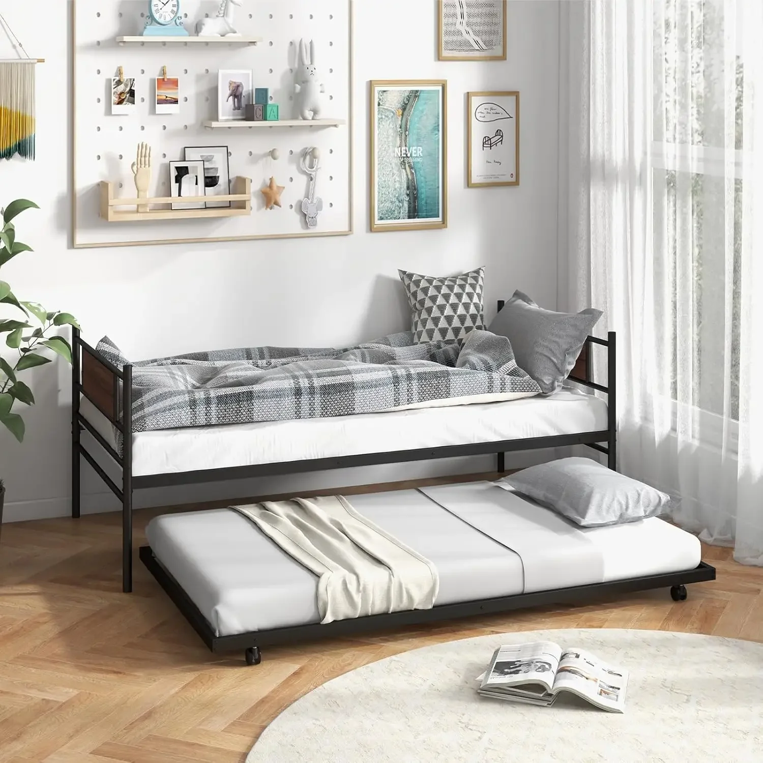 Metal Daybed with Trundle, Twin Size Day Bed with Wood Grain Headboard & Metal Slat Support,