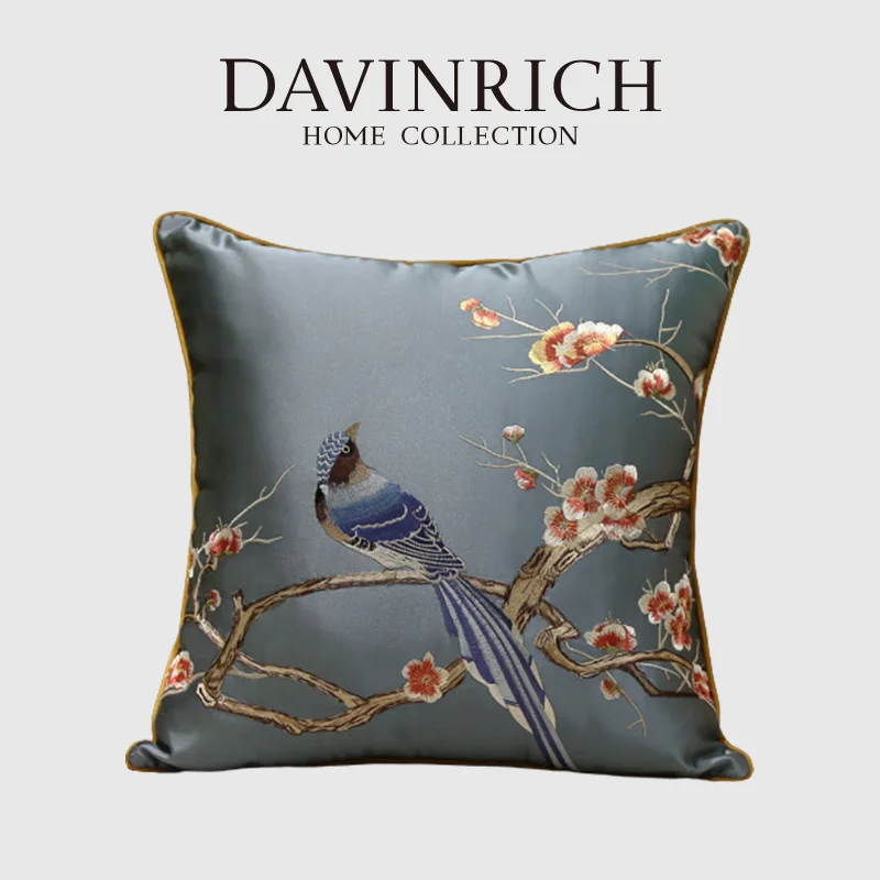 DAVINRICH Luxury Retro Vintage Inspired Pillow Cover Cherry Blossom Birds Exquisite Embroidery Cushion Case For Bench Chair Sofa