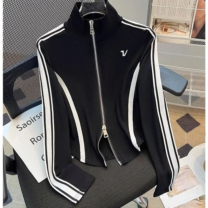 

Luxury Brand Golf Long Sleeves Women Golf Wear 2025 Spring New Golf T-shirt Stand Collar Color Collision Top Women Golf Clothing
