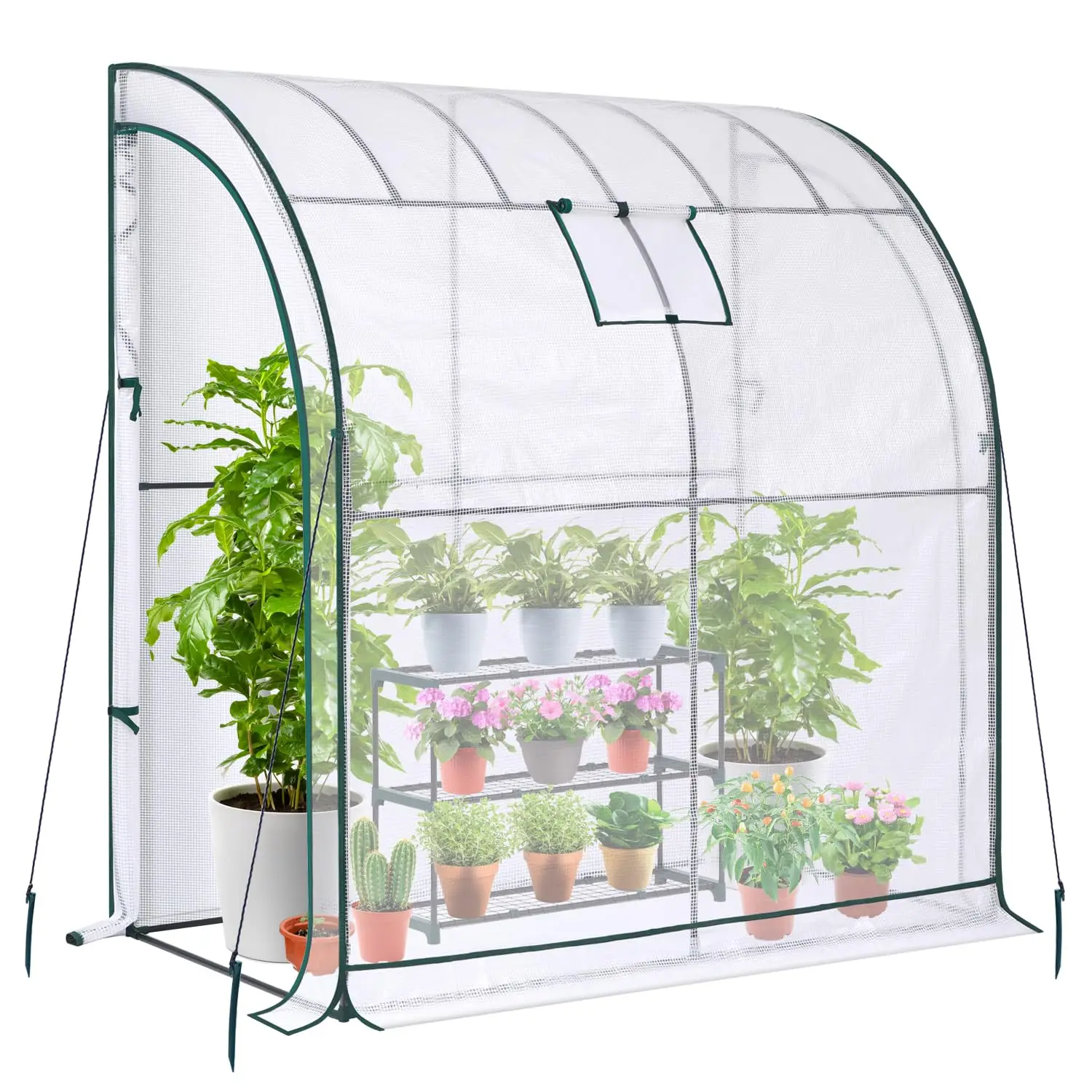 Ohuhu Lean to Greenhouse with 3-Tier Shelves Portable Walk-in Wall Mounted Green House with Mesh Windows 2 Roll-Up Zipper Doors