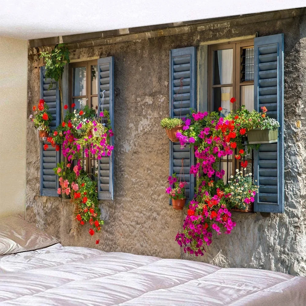 Garden Windowsill Flowers landscape Wall Hanging Idyllic Scenery Tapestry Wall Cloth Beach Mat Flower Blanket Home Decoration