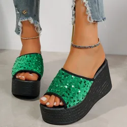 2024 New Women's Wedges Slippers Sequins High Heels Leisure Fashion Summer Luxury Sandals Outdoor Platform Mules Slippers Women