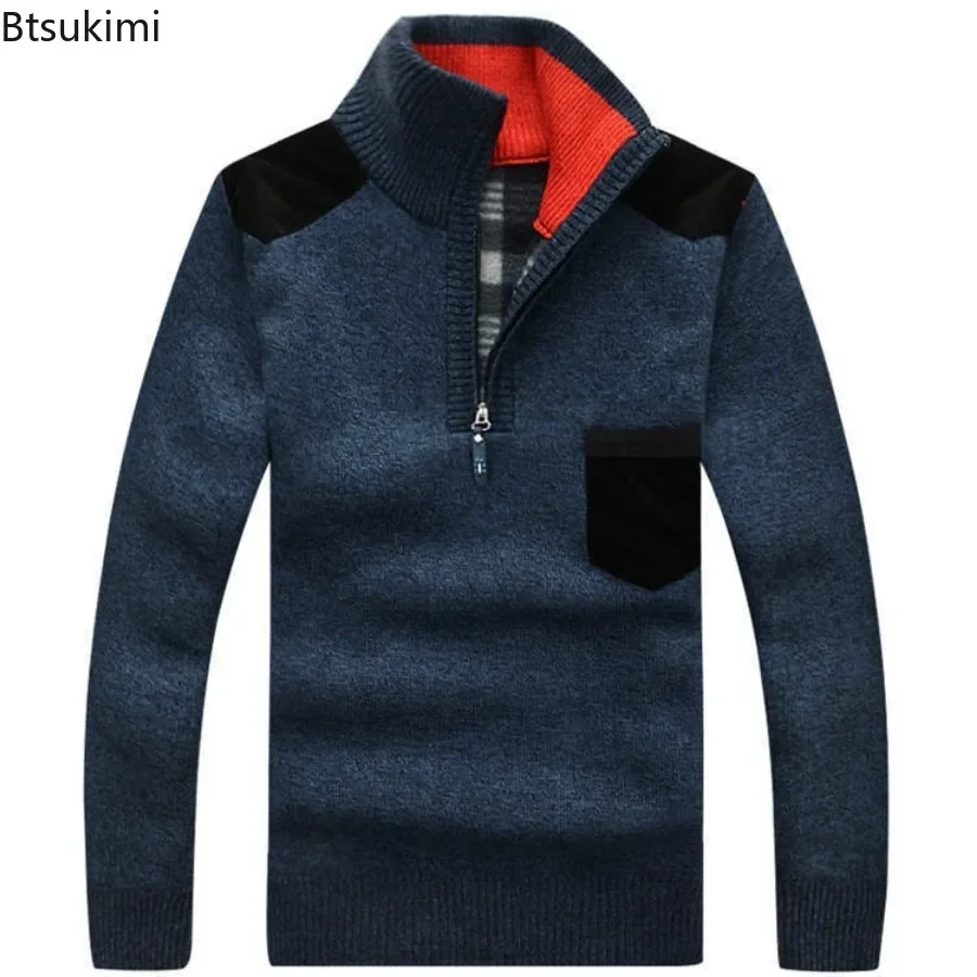 Men's Winter Sweaters Stand Collar Half Zipper Knitted Fleece Pullovers Long Sleeve Pocket Casual Jumper Thick Clothing for Men