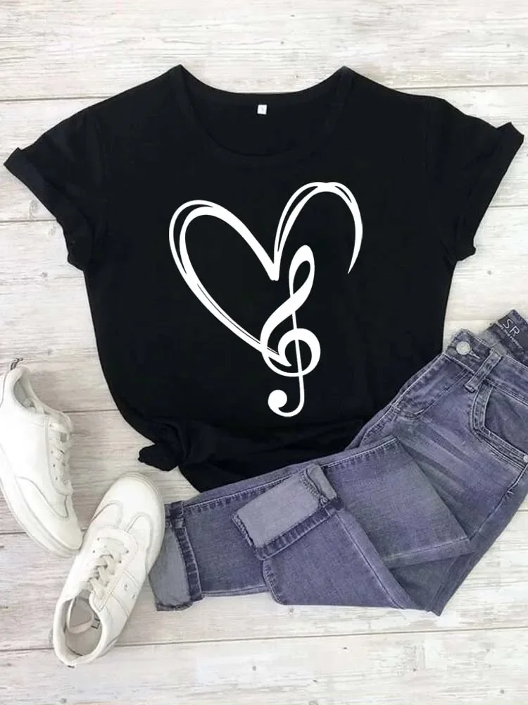 Nueva camiseta para mujer, camiseta a la moda con estampado de notas musicales, camiseta gráfica bonita Harajuku, camisetas informales para mujer