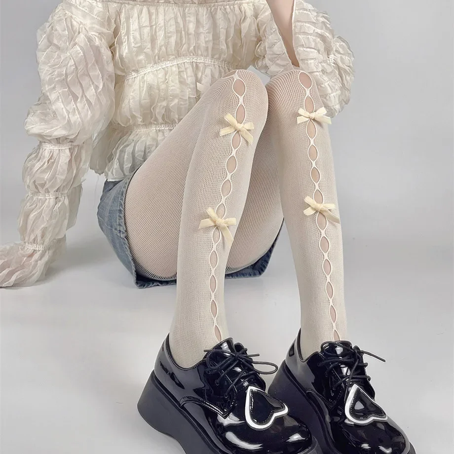 Sexy Spitze Frauen Strumpfhosen Handgemachte Bowknot Aushöhlen Mesh Fishnet Oberschenkel Hohe Strümpfe Frauen JK Lolita Süße Mädchen Enge