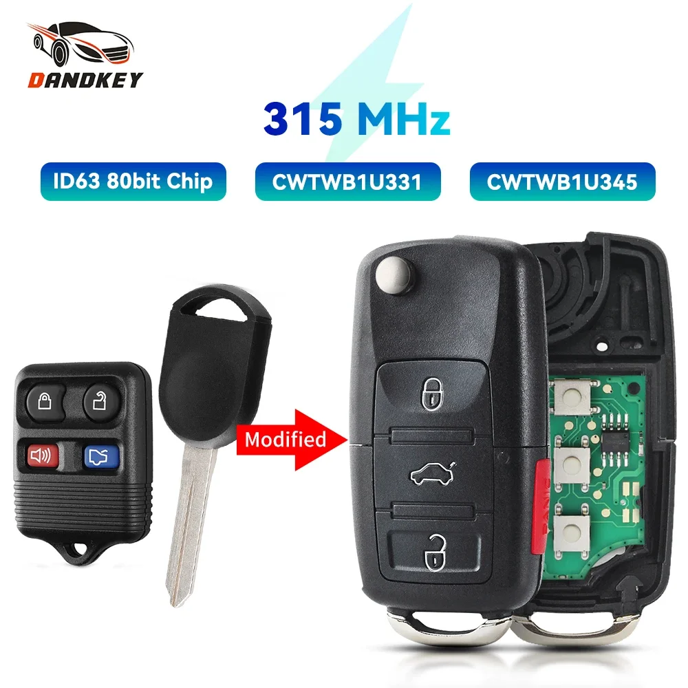 Dandkey CWTWB1U331 CWTWB1U345 For Ford F250 F350 Escape Exursion 3+1 4 Buttons Modified Flip Car Remote Key 315MHZ ID63 Chip