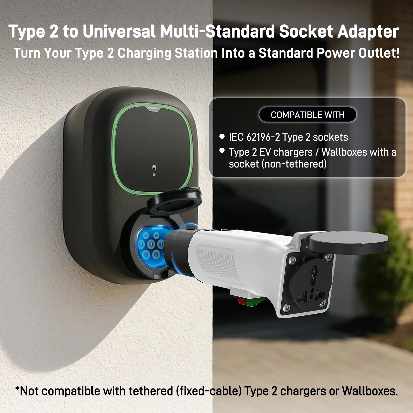 RamTouch Type 2 to AC Socket EV Adapter  | For Charging Station & Wallbox | Type 2 Plug to Multi-Standard/Schuko/UK/AU Outlet
