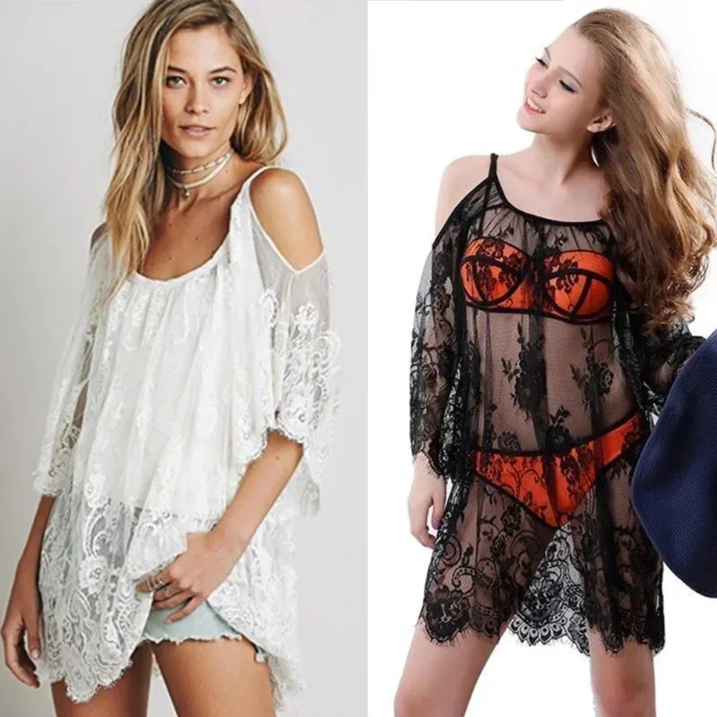 Women Sexy Lace Crochet Cover Up Beach Dress Bikini Summer Casual Boho Chic Vacation Outfit Sheer Mesh Transparent Trendy view 3