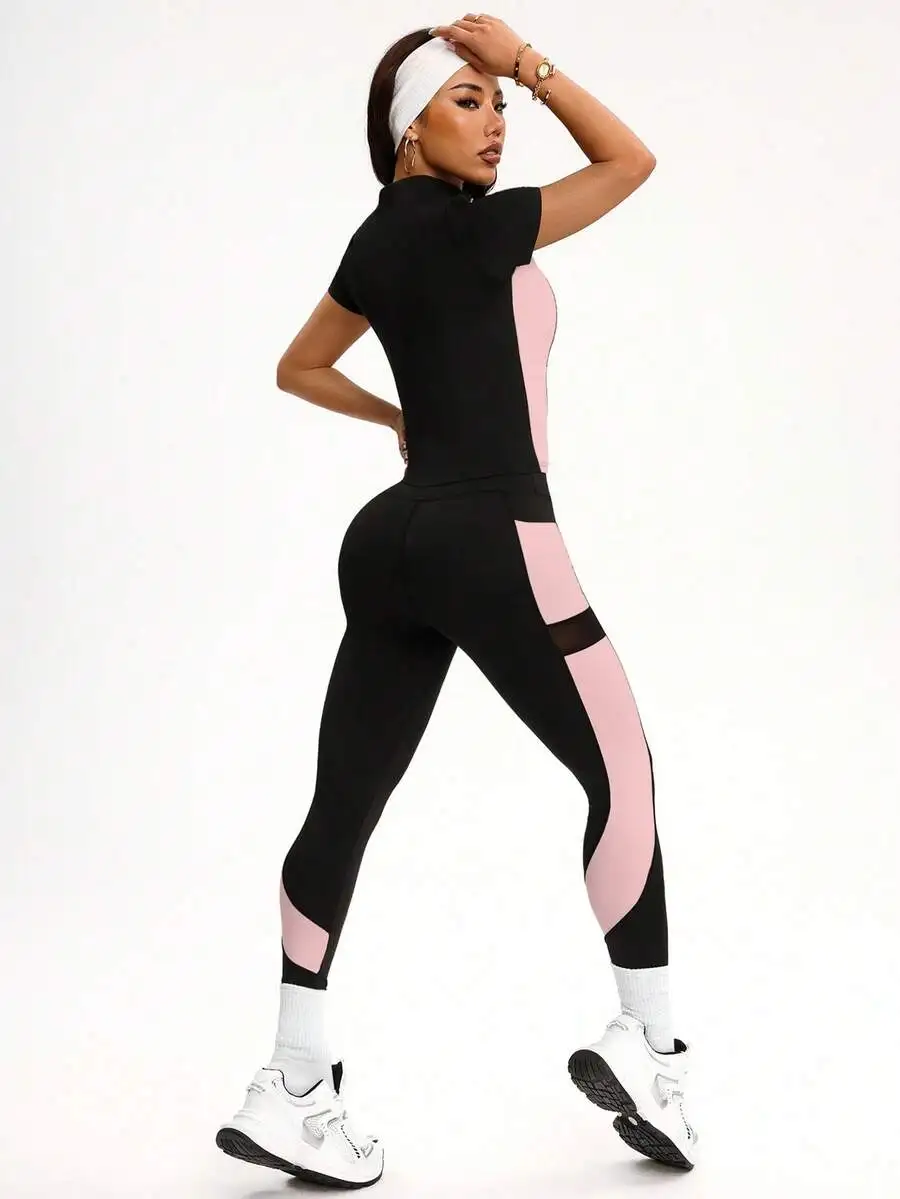 

Womens Sporty Contrast Color Zip-Up Top And Leggings Set