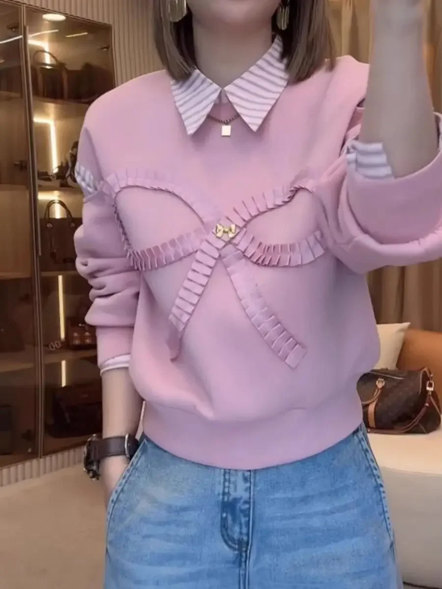 Pink Bow Fake Two-piece Hoodie for Women in Autumn 2025 Fashionable and Stylish New Style Color Blocking Splicing Long Sleeves