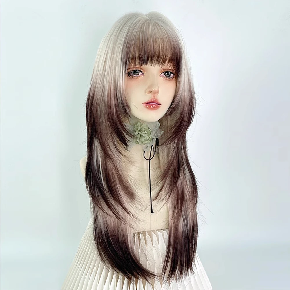 วิกผมยาวตรงสีน้ำตาลผสมสีบลอนด์สำหรับผู้หญิง วิกผมสังเคราะห์สำหรับคอสเพลย์สไตล์โลลิต้า พร้อมหน้าม้า ทนความร้อน เหมาะสำหรับใช้ในชีวิตประจำวัน