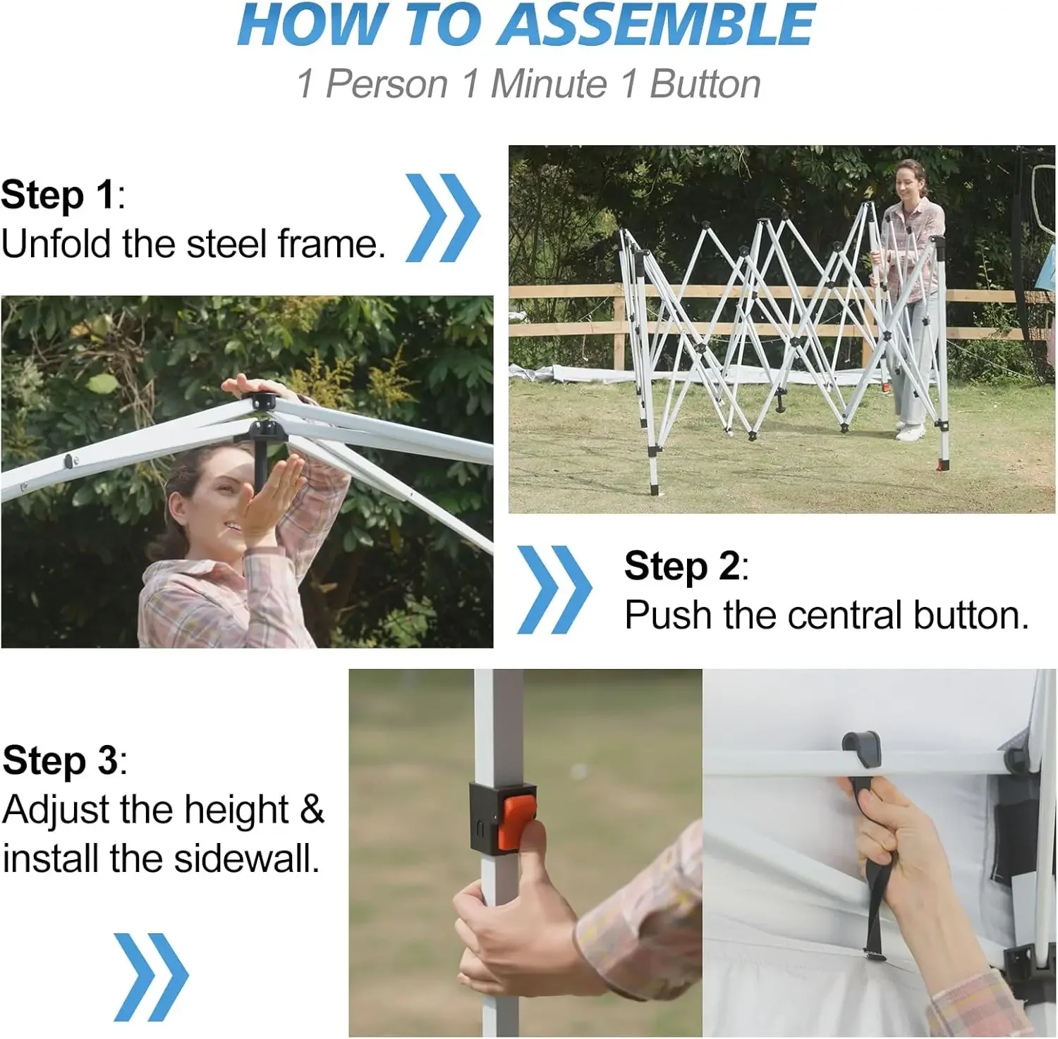 Barraca pop up dossel 10x10, configuração push-up de um botão, barraca pop up com 1 parede lateral e 6 bolsos, altura ajustável portátil instantâneo