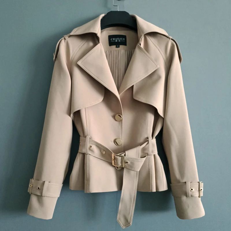 

Khaki Black Trench Coat Women Spring Autumn New Casual Windbreaker Slim Short Belt Long Sleeve Turndown Collar Overcoat Female