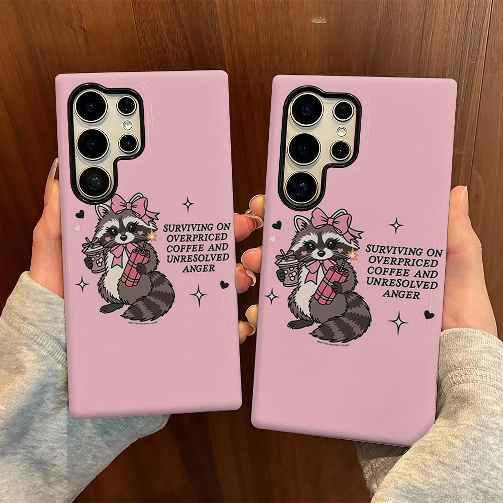 Raccoon Coffee Dynamite For Samsung Galaxy Phone Case S23 S20 S25 FE S24 Plus S26 Ultra 2-IN-1 Shockproof Bumper Hard PC