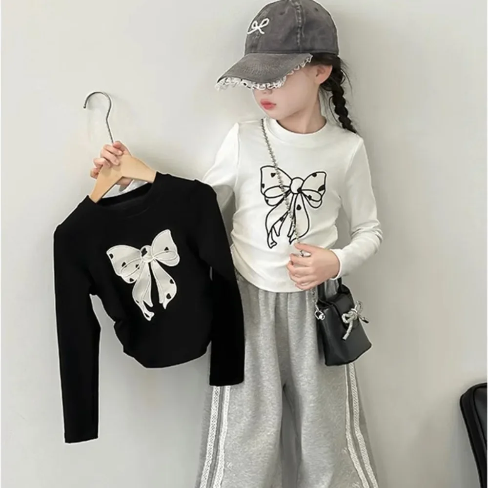 Modische Street Style Kinderkleidung Koreanische Version Mädchen T-shirt Top Herbst Langarm Bogen Gedruckt Kinder Basis Shirt