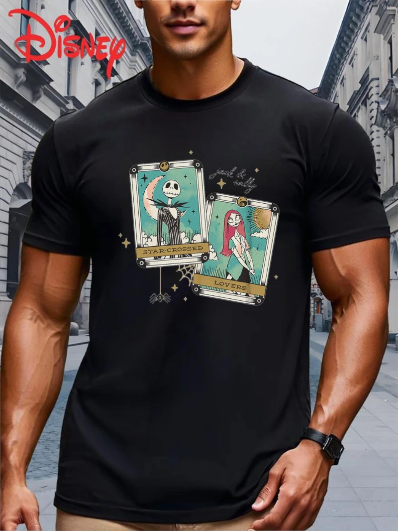 تي شيرت صيفي للرجال من Disney "The Nightmare Before Christmas" بطاقة جاك وسالي التارو - تصميم قوطي مستوحى من تيم #1