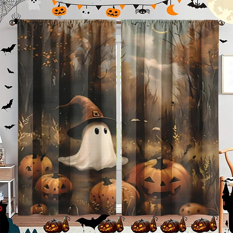 2PCS Digital Print Curtain, Forest Ghost with Pumpkins, Autumn Woods Halloween Spooky Style for Living Room Bedroom Decor