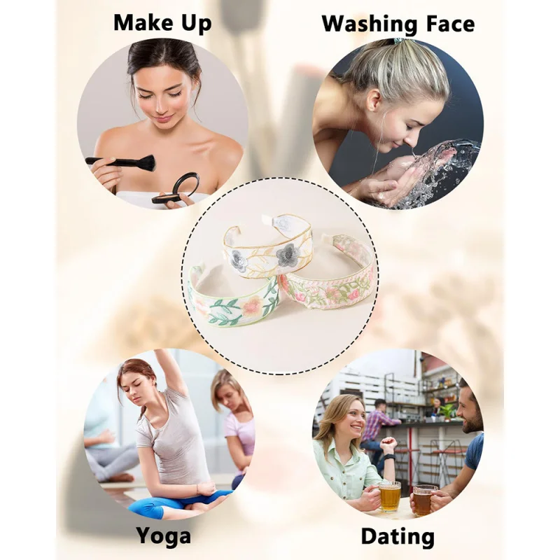 Diadema ancha de tela simple floral de estilo étnico de alta gama con bordado de rosas