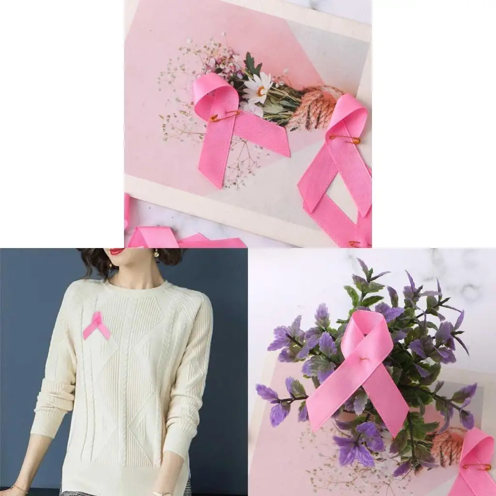 195C 100 Pieces Pink Promotional Ribbon Pin Ribbon Lapel Pin Satin Fabric Ribbon with Safety Pin for Public Social Events