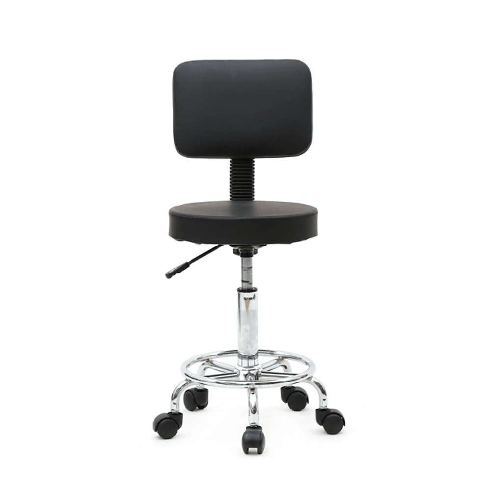 Round Shape Adjustable Salon Stool, Bar Stool with Back, High Quality PU Leather, Support 360 degree rotation, Black