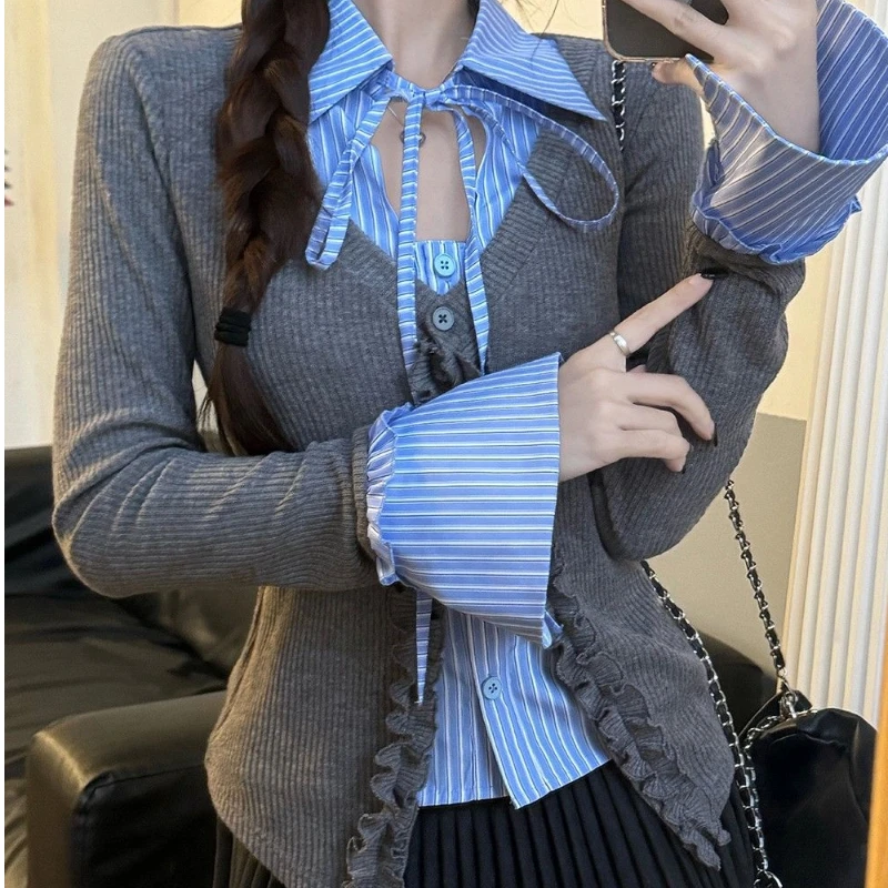 

Preppy Style Striped Contrast Slim Lacing Tops Women Clothing Spring Autumn New Long Sleeve Patchwork Korean Shirt Tops Fashion