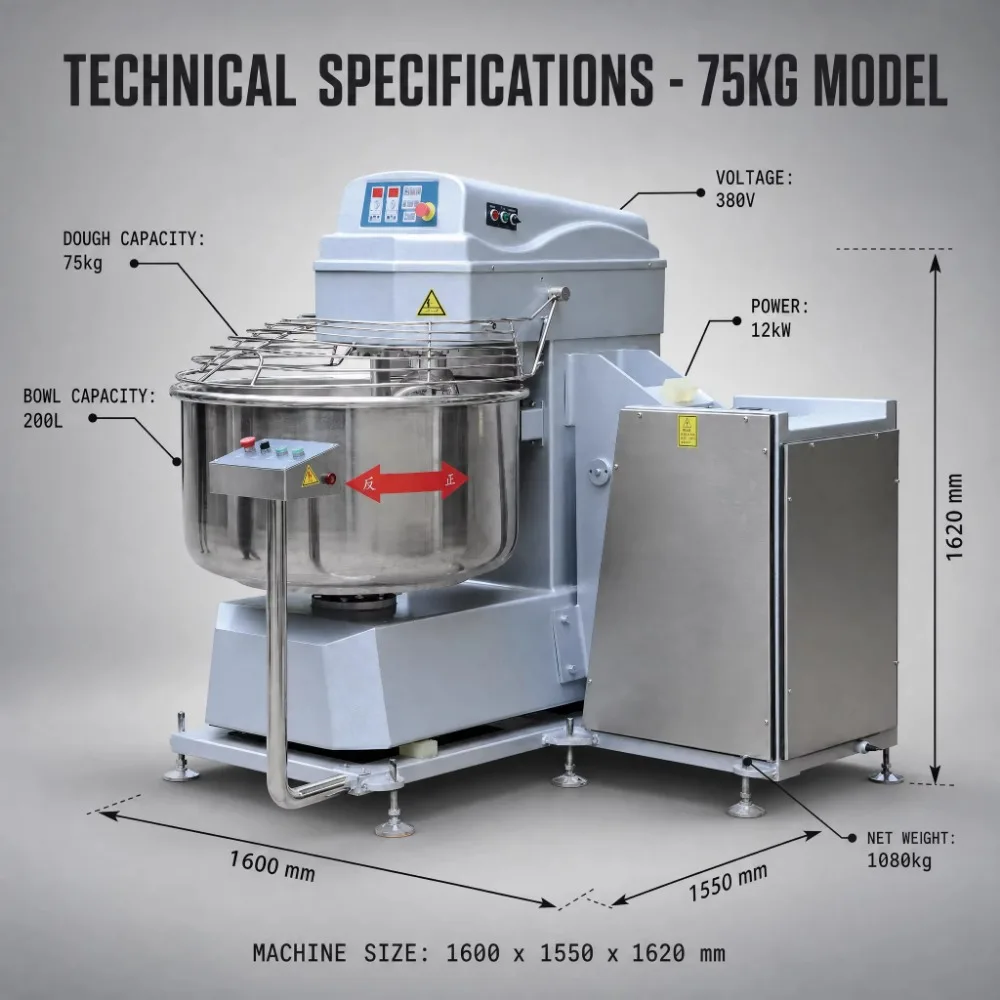 Industrial 75kg Dough Mixer Commercial 200L Spiral Flour Kneading Machine 380V 12kW Tilting Bowl Mixer for Bakery Bread Pizza