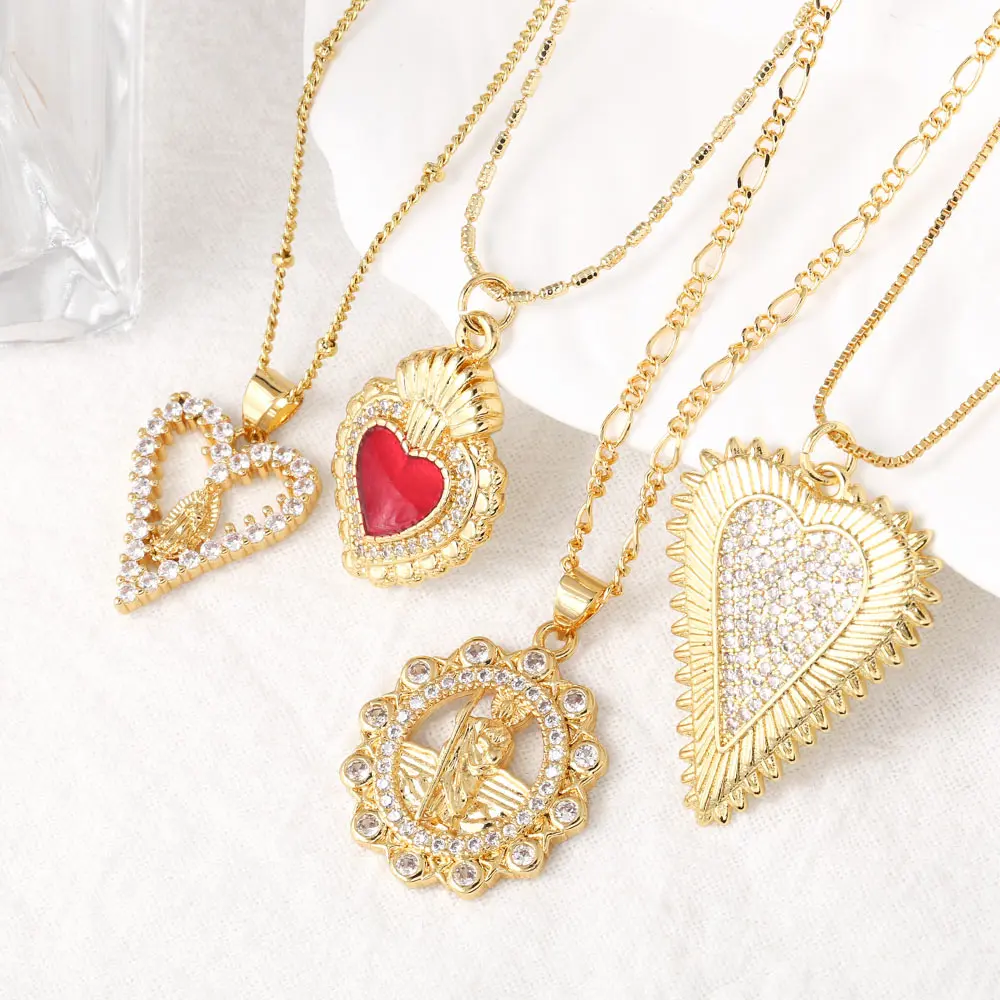 FLOLA Clear Crystal Heart Necklaces for Women Gold Plated San Judas Necklaces CZ Jewelry Gifts nkeq47