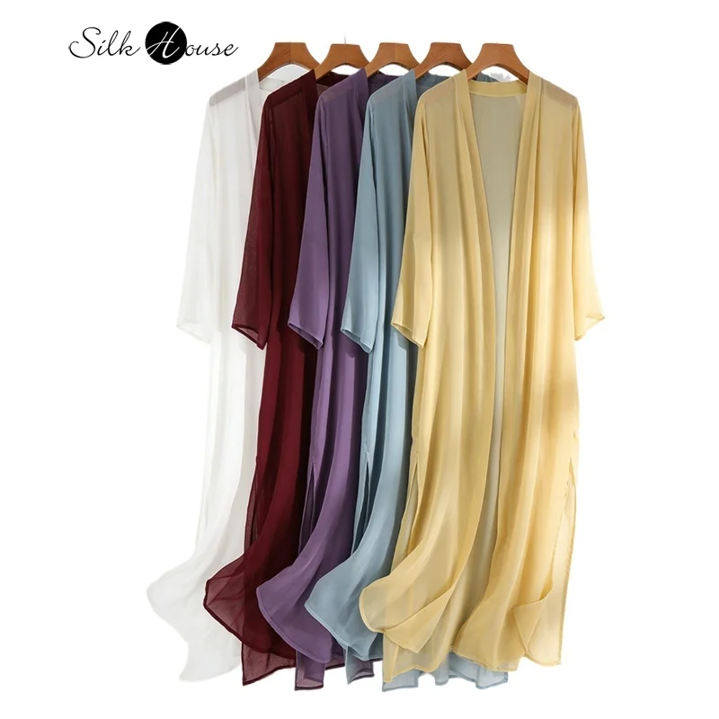 Women's Casual Summer Sun Protection Clothing Thin Side Slit 100% Natural Mulberry Silk Georgette Wearing A Shawl Outside