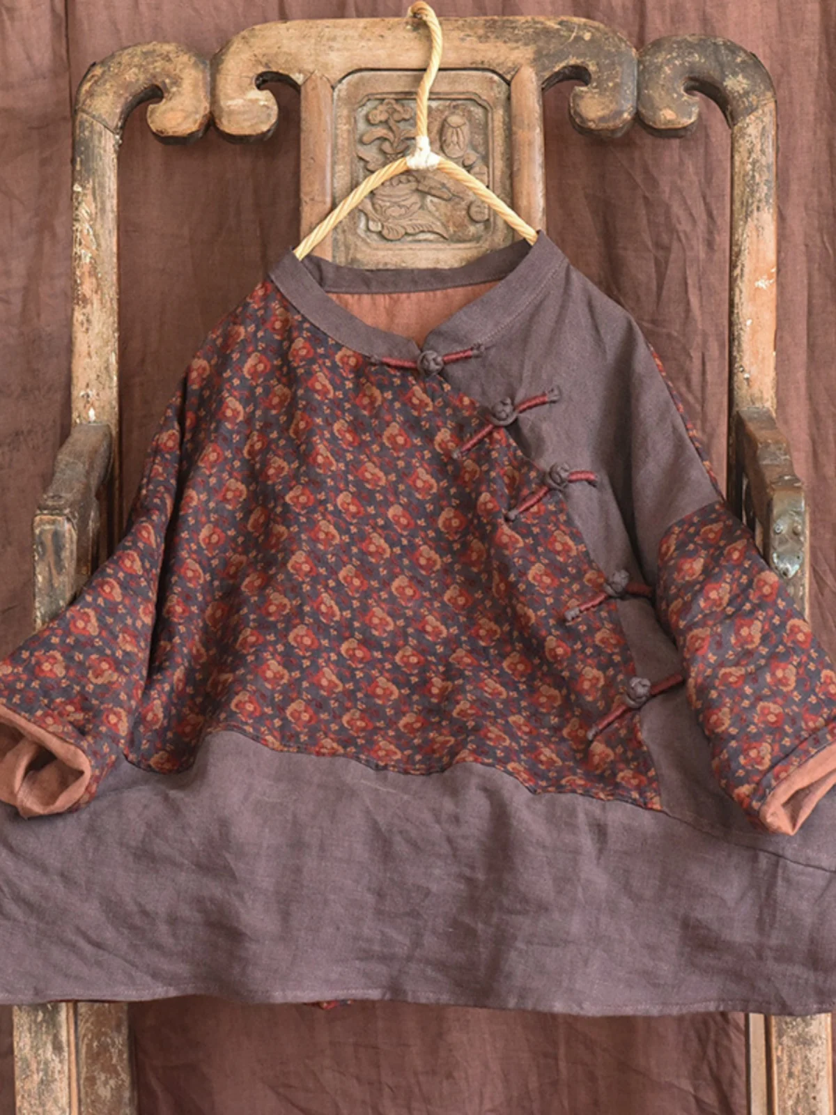 

Льняной топ в стиле пэчворк на пуговицах, весна-осень, китайский стиль, женская одежда, повседневный, с цветочным принтом, свободный крой