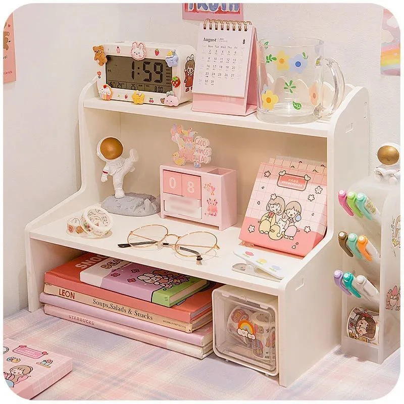 

Ins Girls' Heart Dormitory Desktop Double Layer Trapezoidal Storage Box Elevated Storage Shelf Organize Storage Shelf On Desk