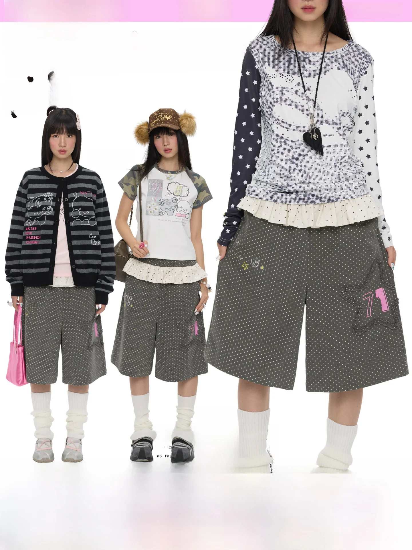 

ay Polka Dot Star Folded Summer Pants Loose Straight Casual Trousers Women's Comfortable l Waist Cotton Pants