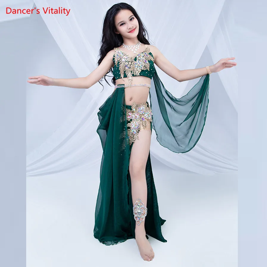 High-End Children\'s Belly Dance Clothes New Girl Belly Dance Performance Service Bag Hip Dress Sexy Bra+Long Skirt+Belt Set