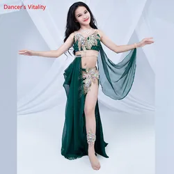 High-End Children's Belly Dance Clothes New Girl Belly Dance Performance Service Bag Hip Dress Sexy Bra+Long Skirt+Belt Set