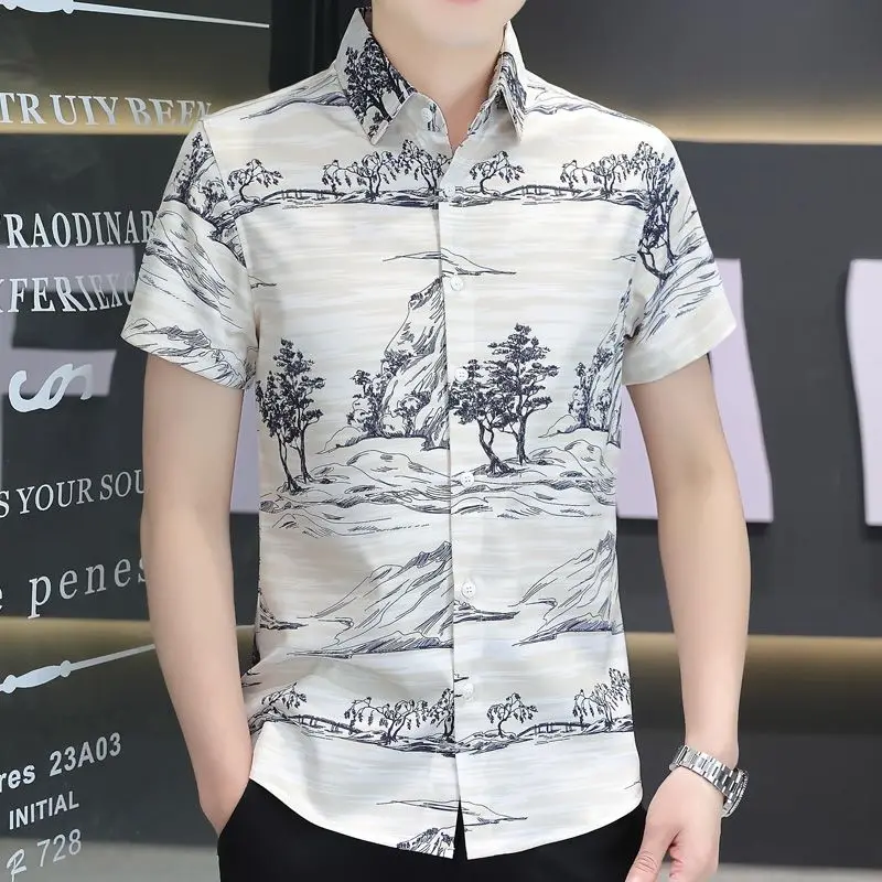 Vintage Printed Lapel Button Loose Short Sleeve Shirts Men\'s Clothing 2024 Summer New Oversized Casual Tops Korean Shirt