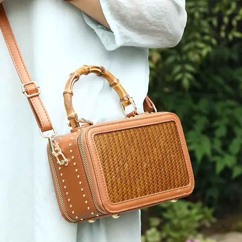 Retro Handmade Bamboo Handbag Women Chinese Style Small Square Bag Literary Natural Wood Clutch Purse Vintage Fashion