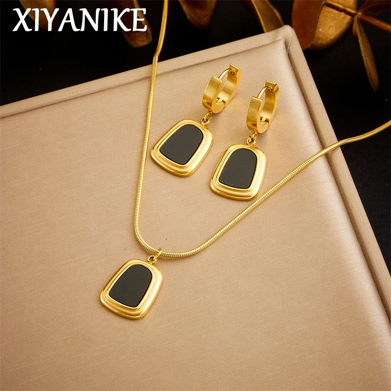 XIYANIKE 316L Stainless Steel Simple Square Gold Color Pendant Necklace Earring For Women Trendy Korean Jewelry Set Holiday Gift