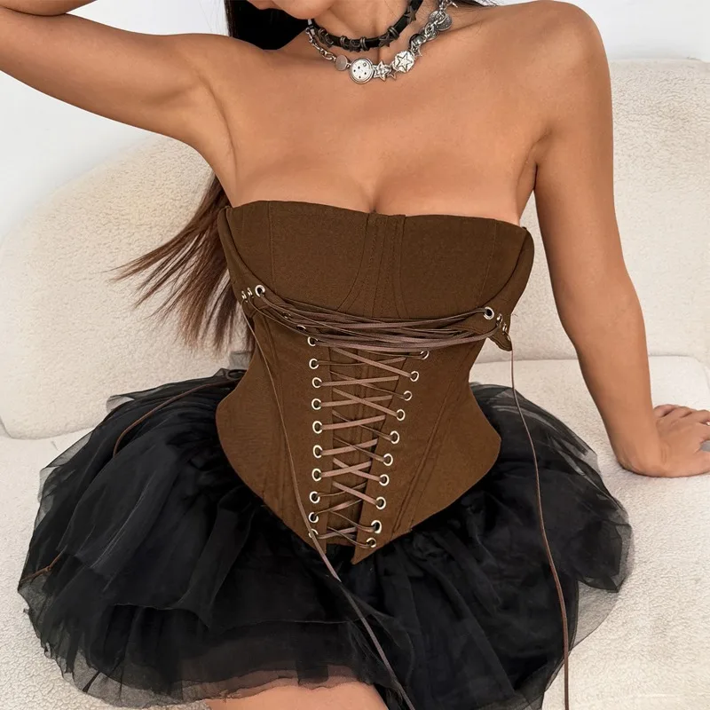 

Женский сексуальный корсет на шнуровке с рыбьей косточкой без бретелек с открытой спиной на талии Cincher Тонкая майка Повседневная уличная одежда Топы Клубная одежда Жилеты