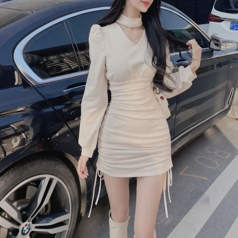 V-neck Hanging Neck Drawstring Waist Cinching Slimming T Base Soft Girl Short Skirt Pure Desire Wind Bag Buttocks Dress Women's