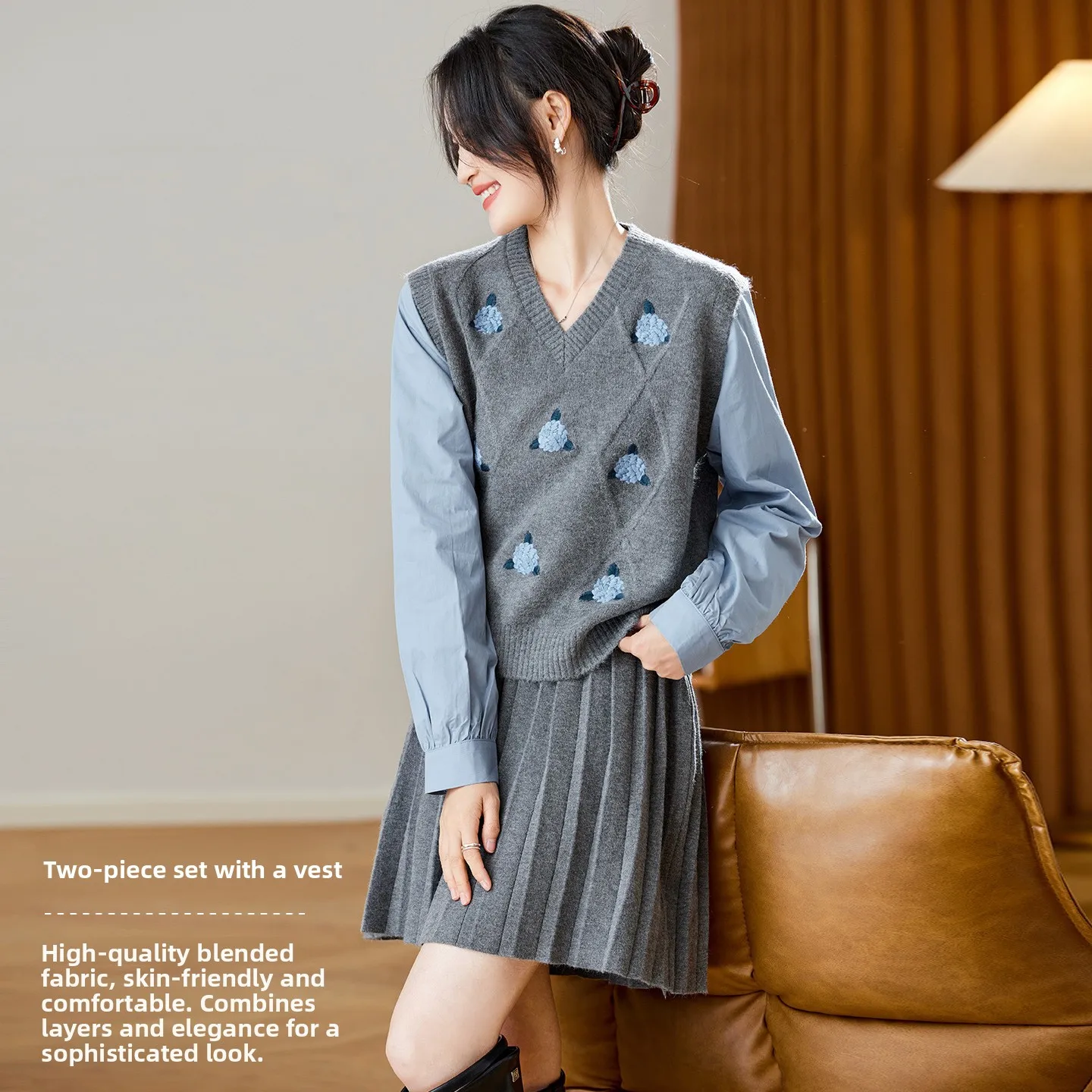 

Модный хлопковый комплект-двойка для женщин: осенне-зимний шерстяной топ и вязаная юбка, повседневный спортивный костюм