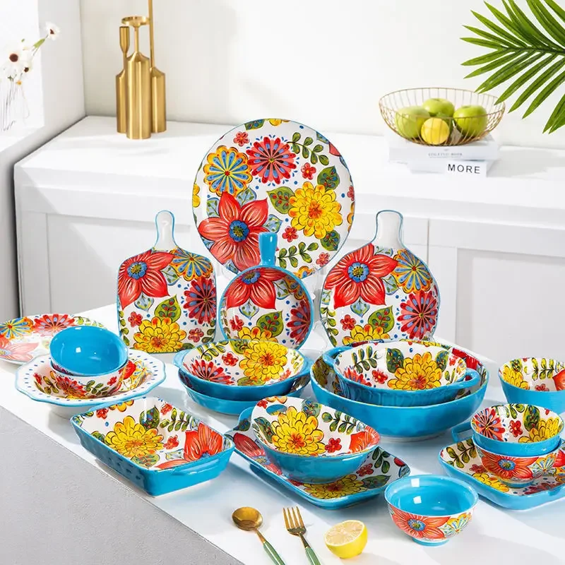 

New Bohemian style ceramic tableware with handle bowl dish rice soup fruit salad ramen bowl baking tray Home Kitchen Decoration