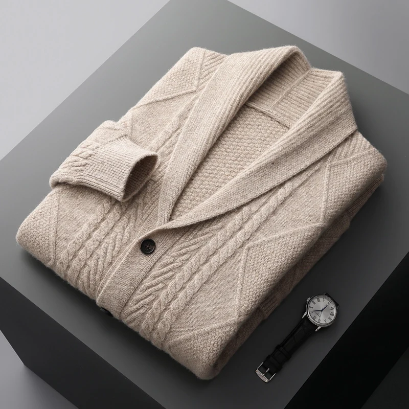 Winter New 100% Pure wool Cashmere Cardigan Men's Lapel Coat High-End Sweaters Loose Business Thicken Tops Knit Jacket