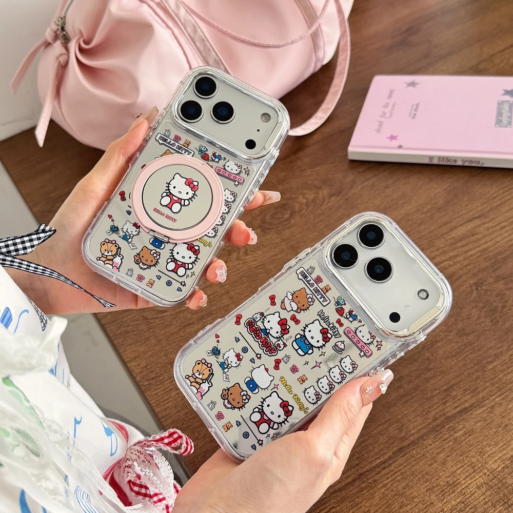 Sanrio Hello Kitty Bow 360°Rotation Stand Makeup Mirror Phone Case For iPhone 17 16 15 14 13 Pro Max With Ring Holder Cover