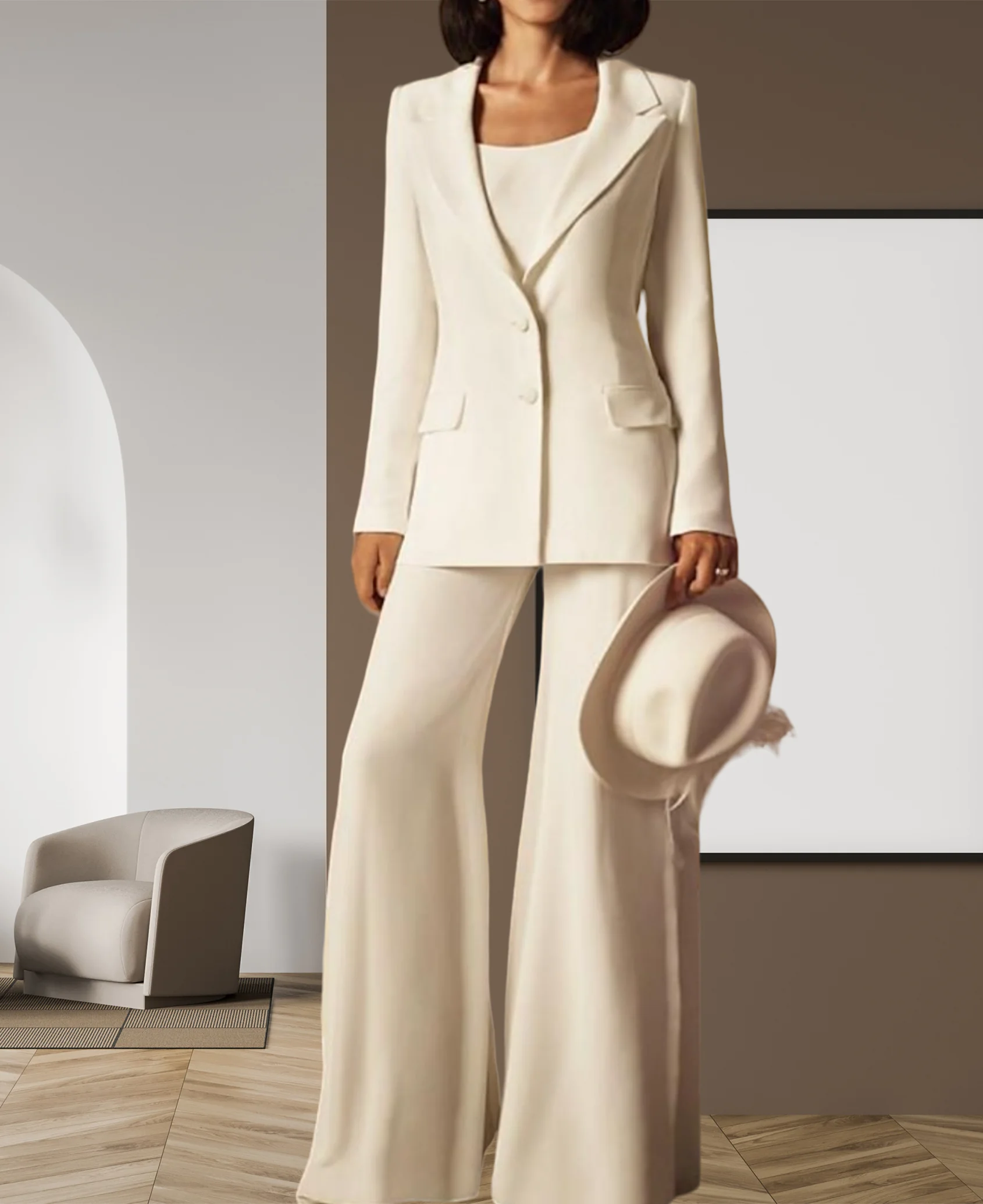 

Pantsuit 3 Piece Mother of the Bride Dress Fall Wedding Guest Dresses Jewel Neck Floor Length Long Sleeve with Buttons 2024